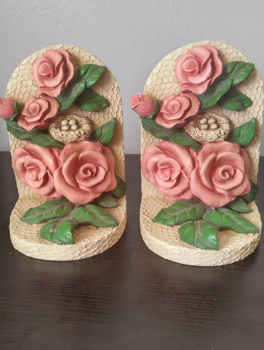 Vintage Bookends Pink Roses With Bird's Nest And Eggs 6 1/2"